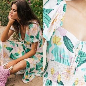 Cleobella Dress Womens Small Tropical Floral Leafy Smocked Beachy Vacation Boho